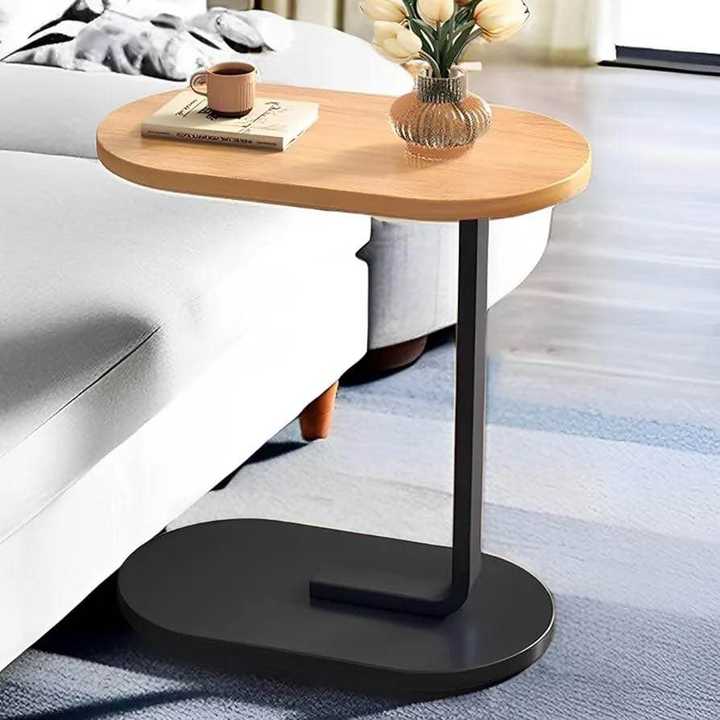 C Shape Side Table | Laptop Table for Bed & Sofa | Wooden Top Metal Frame Coffee Table | Space Saving Portable Sofa Side Table