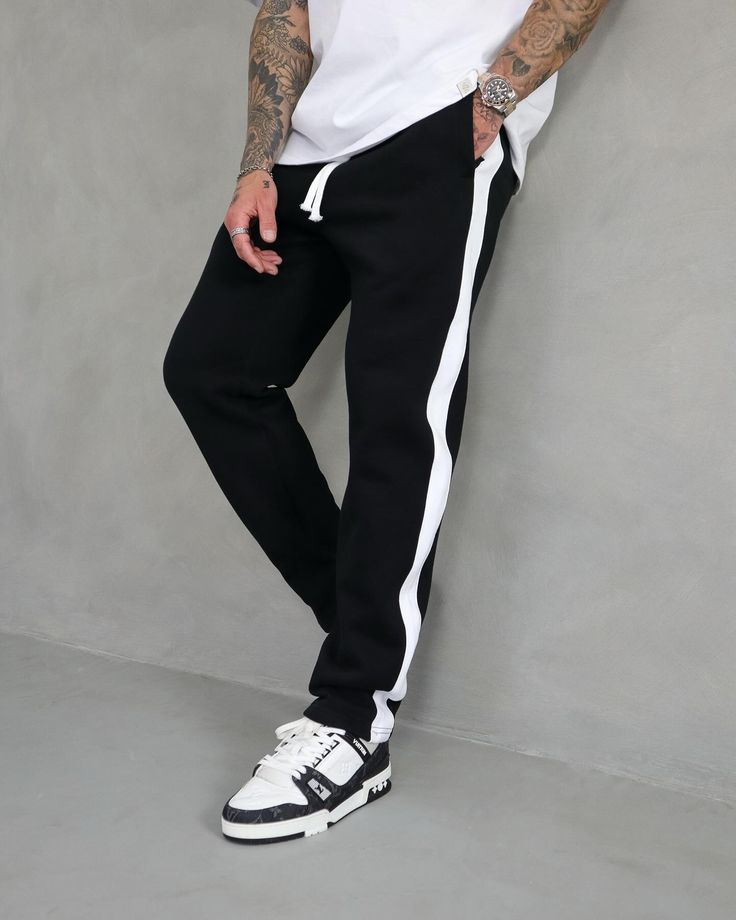 Men's Black Wide Leg Trouser with White Side Stripe
