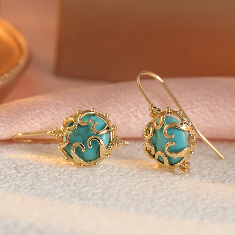 Vintage Chic Design Inlaid Synthetic Turquoise Hollow Dangle Earrings for Women Elegant Luxury Festival Celebration Fine Jewelry