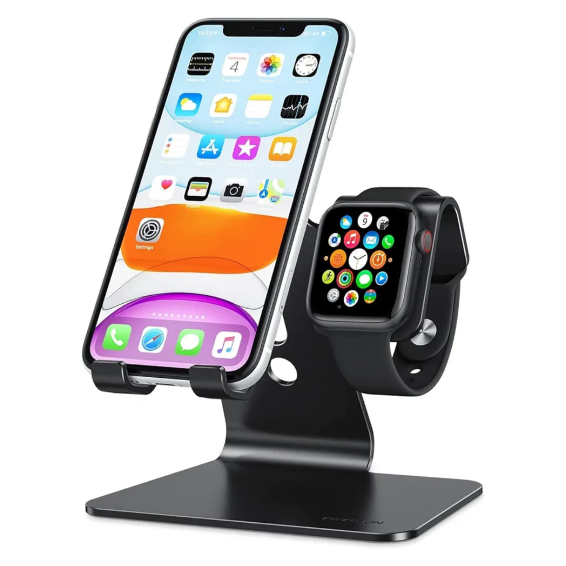 Stand for Apple Watch 2 in 1 Universal Desktop Stand Holder Not Include Charger for All iPhone 15 14 13 12 and Apple Watch Series 9 8 SE2 7 6 SE 5 4 3 2 Both 38 40 41 42 44 45mm Black Daraz.pk