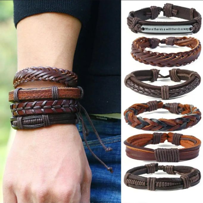Pack Of 12 - Europeans Vintage Premium Quality Leather Bracelet/Bangles Black/Brown Colours Adjustable Size For Men's And Boy's And Women's