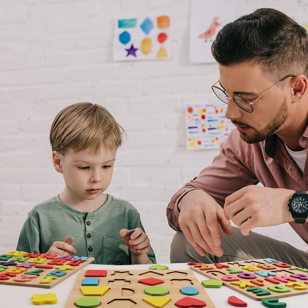 Wooden Puzzle for Toddlers  Alphabet Number Geometric Puzzle ABC Learning Toys Montessori Preschool Educational Gift Learning Letter Puzzles Board for Kids 3+