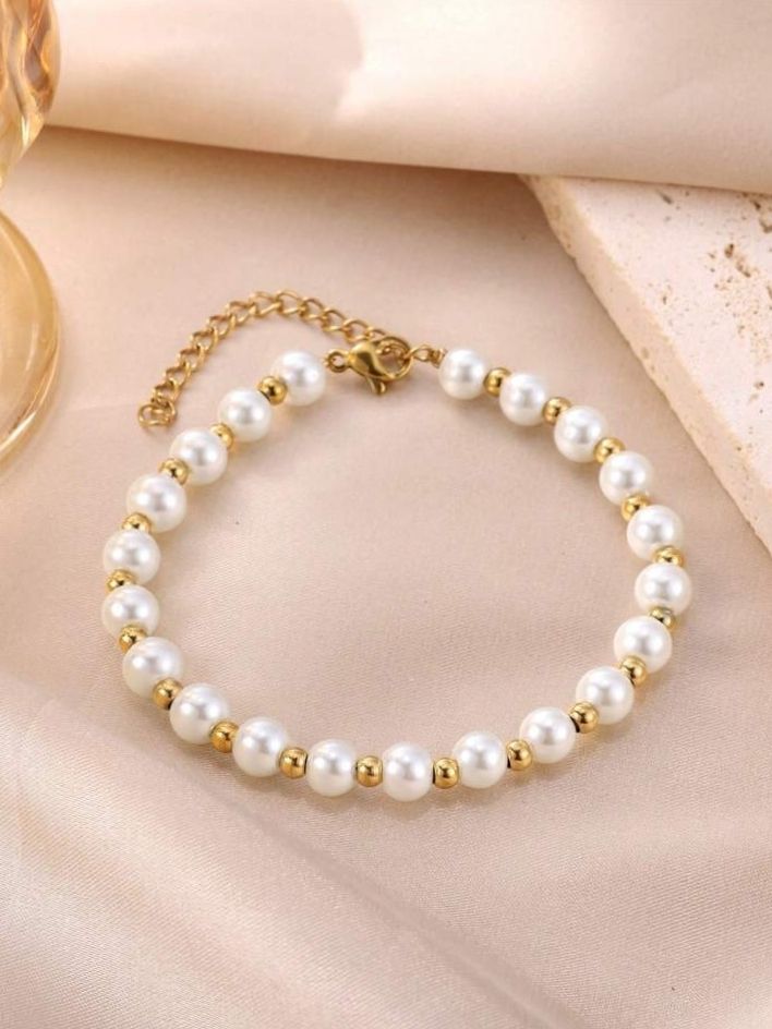 1pc Fashionable Stainless Steel & Faux Pearl Beads Decorated Beaded Bracelet Suitable For Women's Daily Wear.