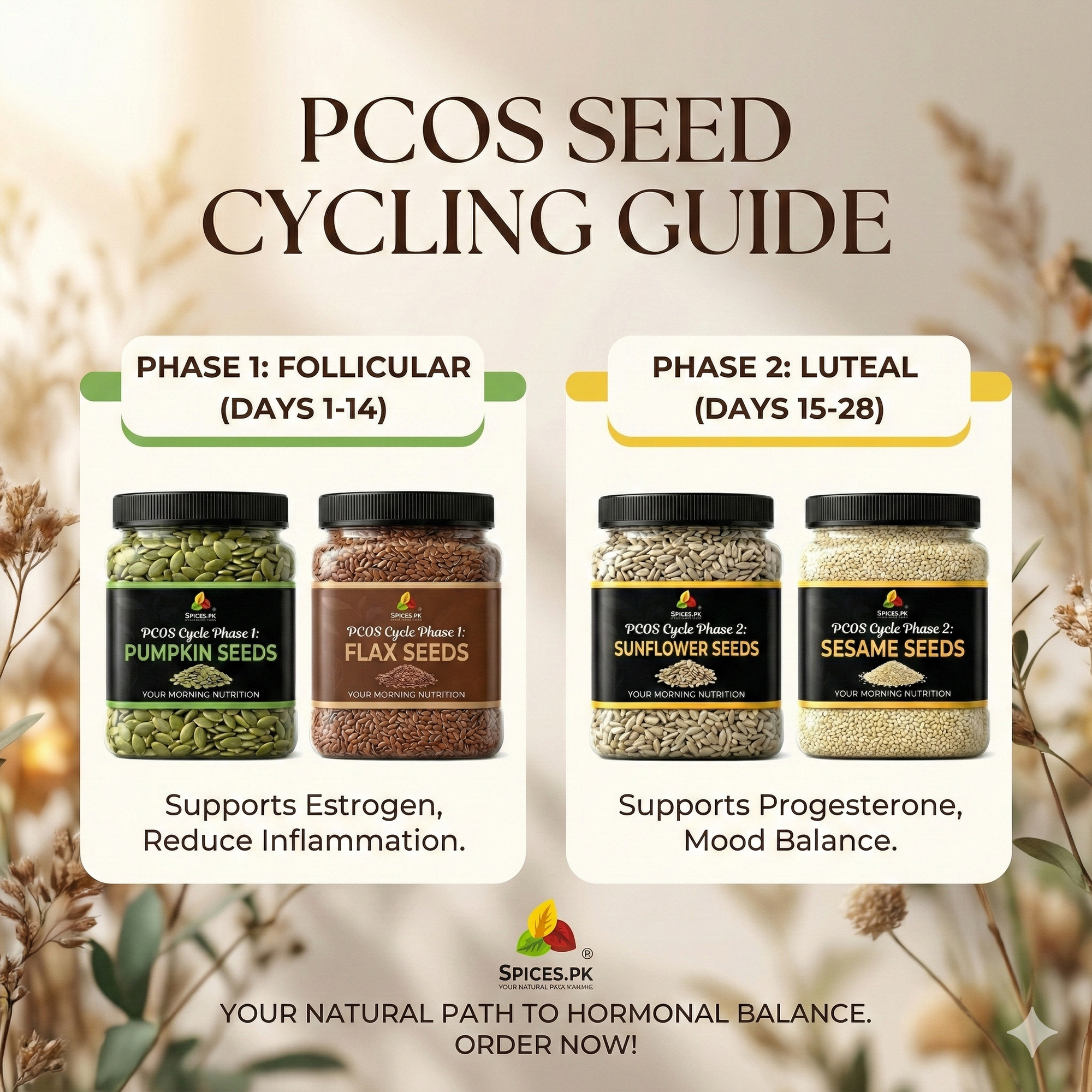 PCOS Seed Cycling Kit (400g Bundle) - Pumpkin, Sunflower, Flax & Sesame Seeds (100g Each) for Hormonal Balance & Irregular Periods
