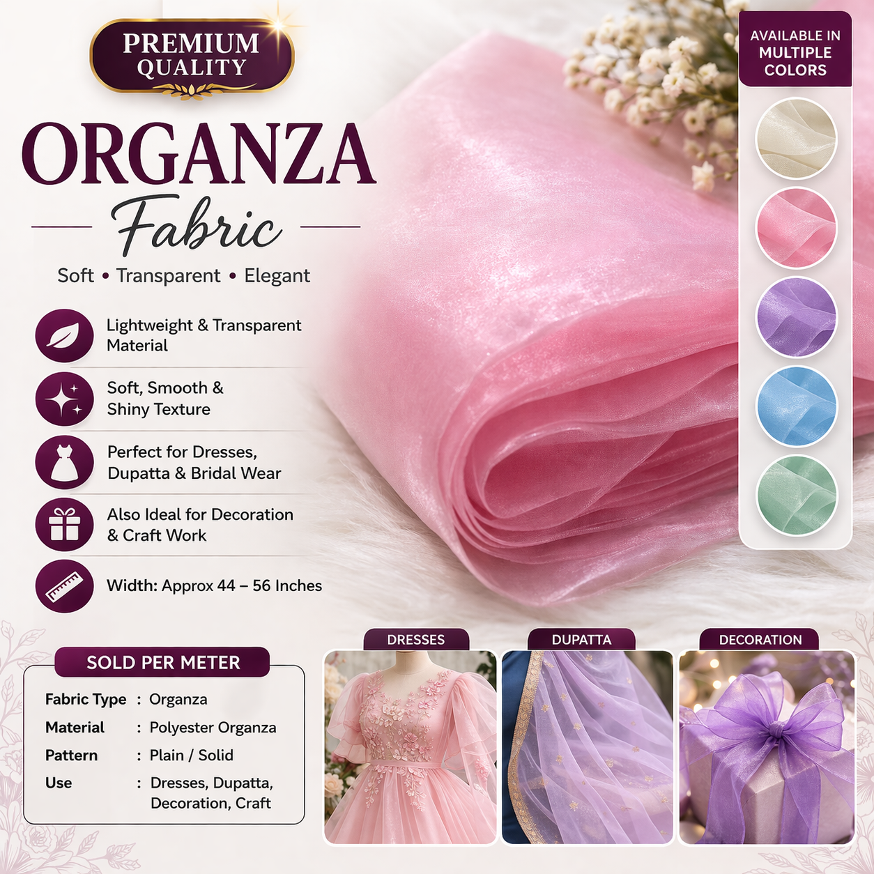 premium organza fabric (pink) also available on all colours