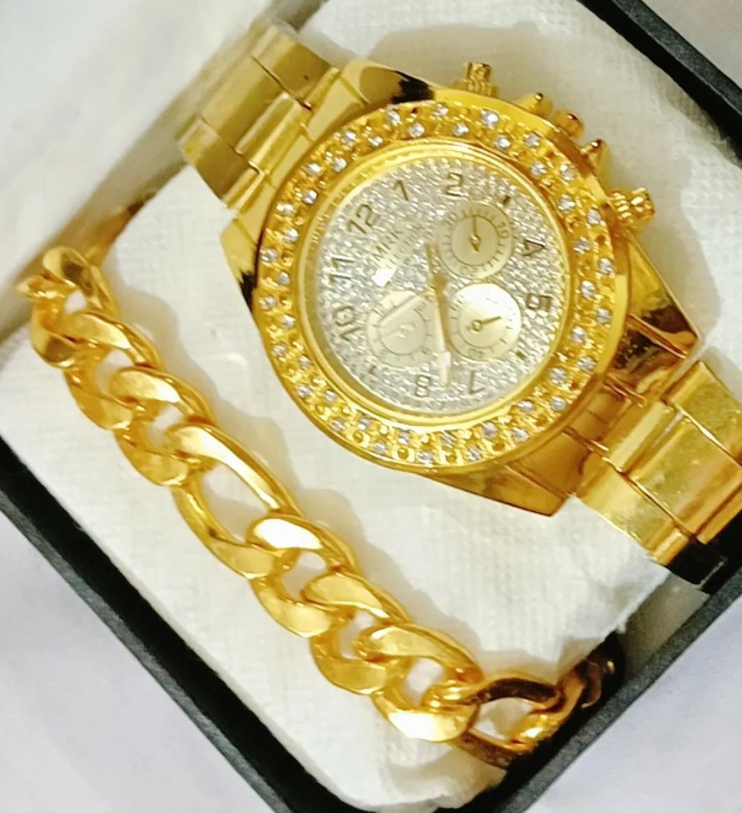 PACK OF 2 /TOP TRENDING  HIGH QUALITY LUXURY STONE WATCH WATCH DEAL-TOP FASHION GOLDEN ROUND WITH WHITE ZIRCONIA CROWN WATCH+STAINLESS STEEL CUBAN LINK HEAVY BRACLATE FOR MEN- BEST GIFT FOR WEDDING ENGAGEMENT CASUAL  WATCH DEAL FOR MEN