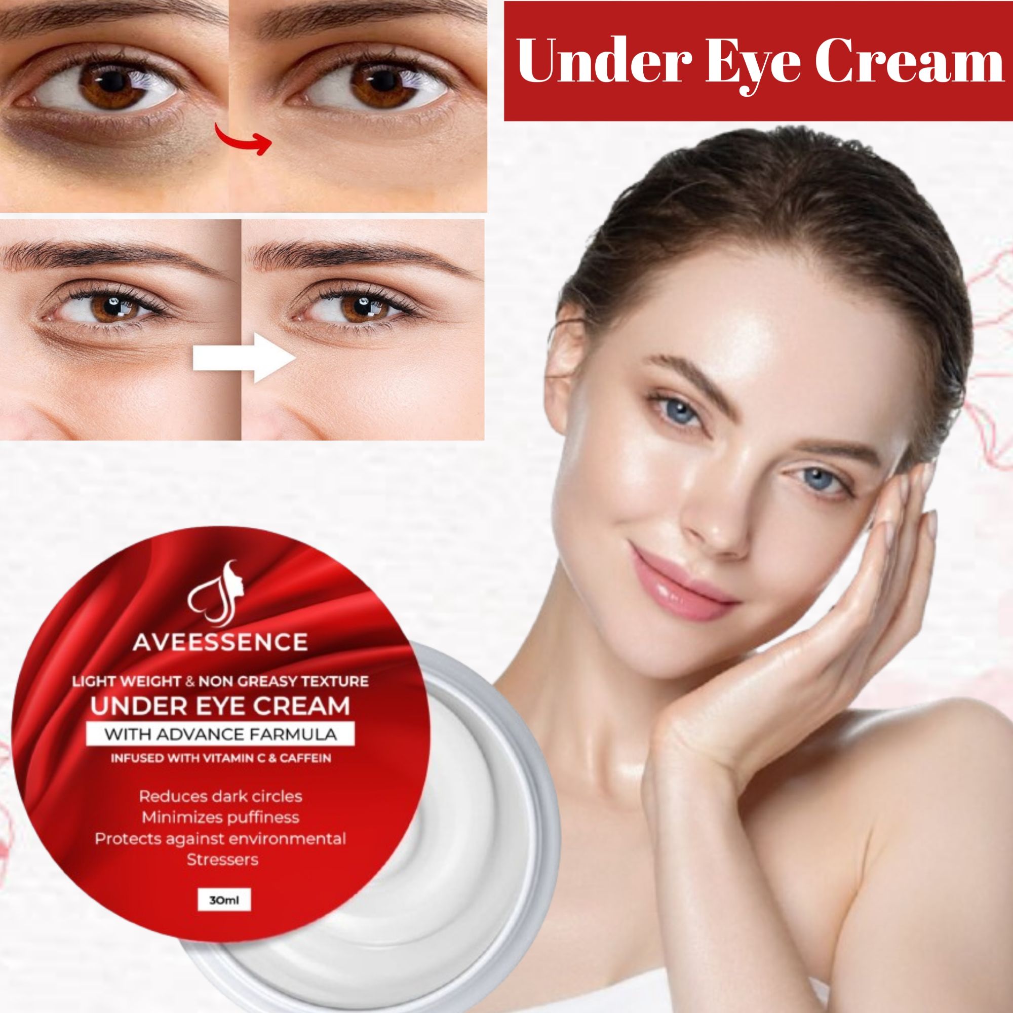 AVEESSENCE Under Eye Cream | Lightweight & Non-Greasy Formula | Advanced Skincare with Vitamin C & Caffeine | Reduces Dark Circles, Minimizes Puffiness & Protects Against Environmental Stressors | 30ml
