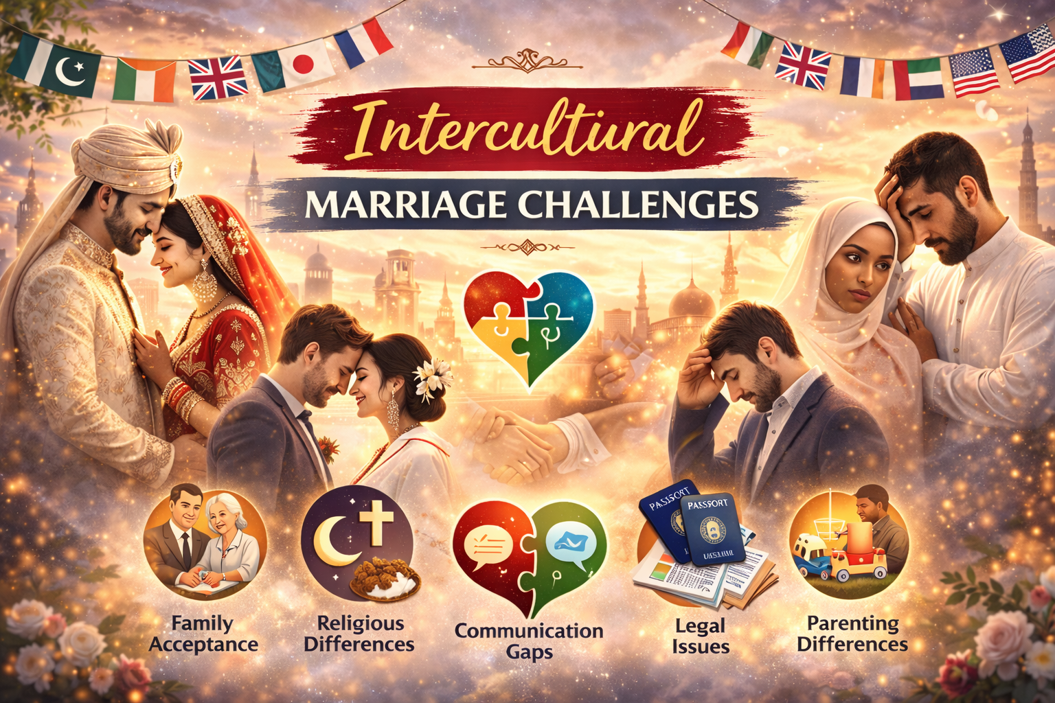Intercultural marriage challenges infographic showing diverse couples and global cultural conflict resolution for Muslim relationships