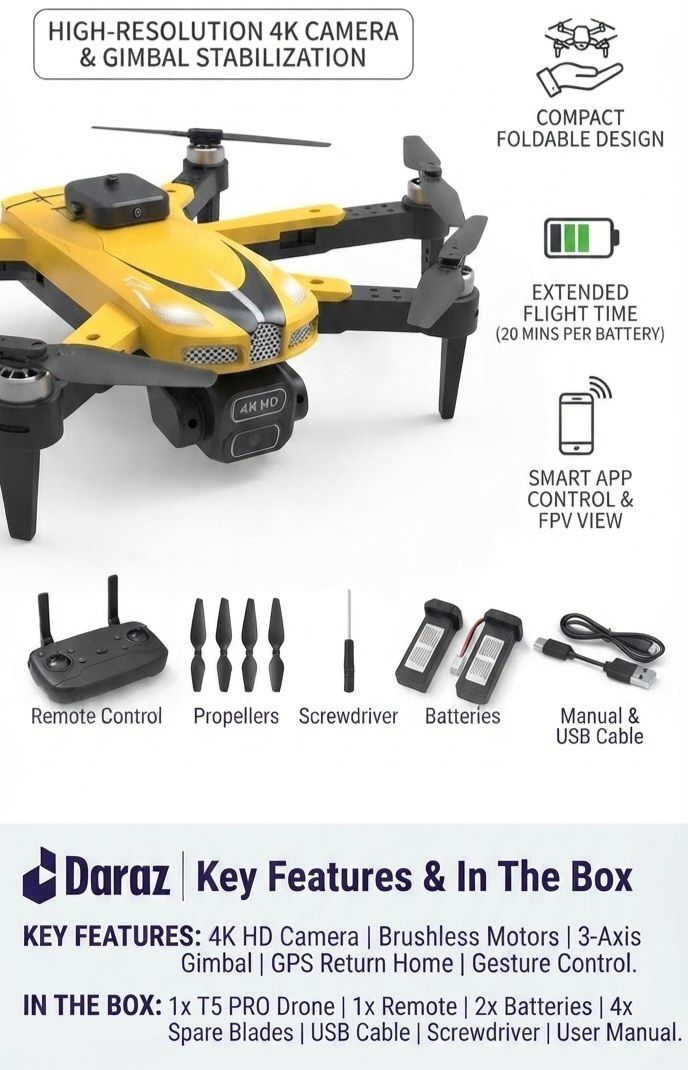 T5 Pro Foldable RC Drone with Dual Camera, Remote Control, Spare Blades