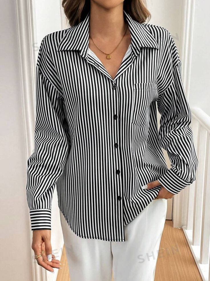 Swirlifits Striped Button Down Shirt – Cotton Loose Fit Casual & Office Wear Top