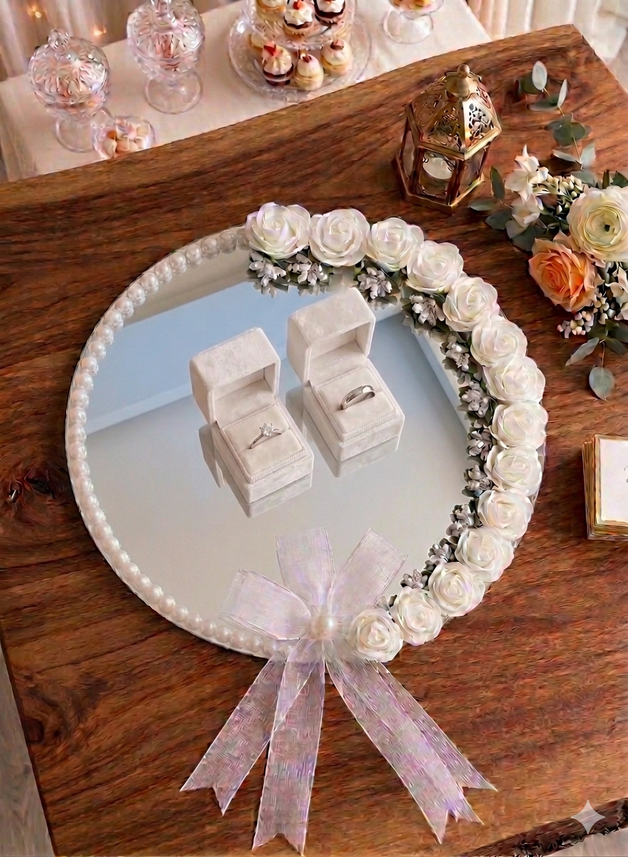 Customized Nikkah Mirror Wedding Tray - Premium Engagement Ring Tray with Boxes - Personalized Nikkah Tray Mirror for Groom & Bride