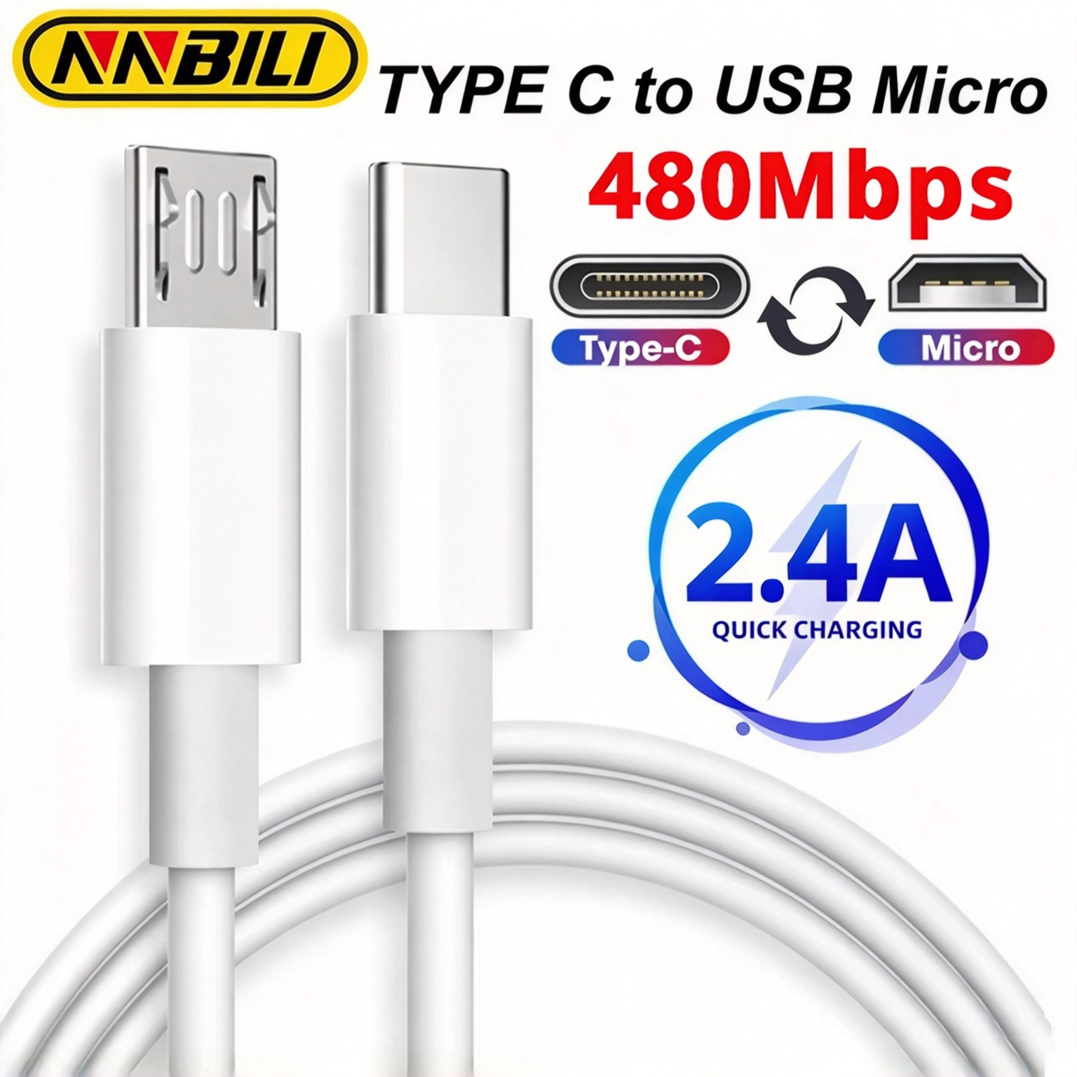 NNBILI USBC To Micro 2.4A Fast Charging Data Cable Type C Male To Micro USB Male Quick Charger Adapter for Hwawei  