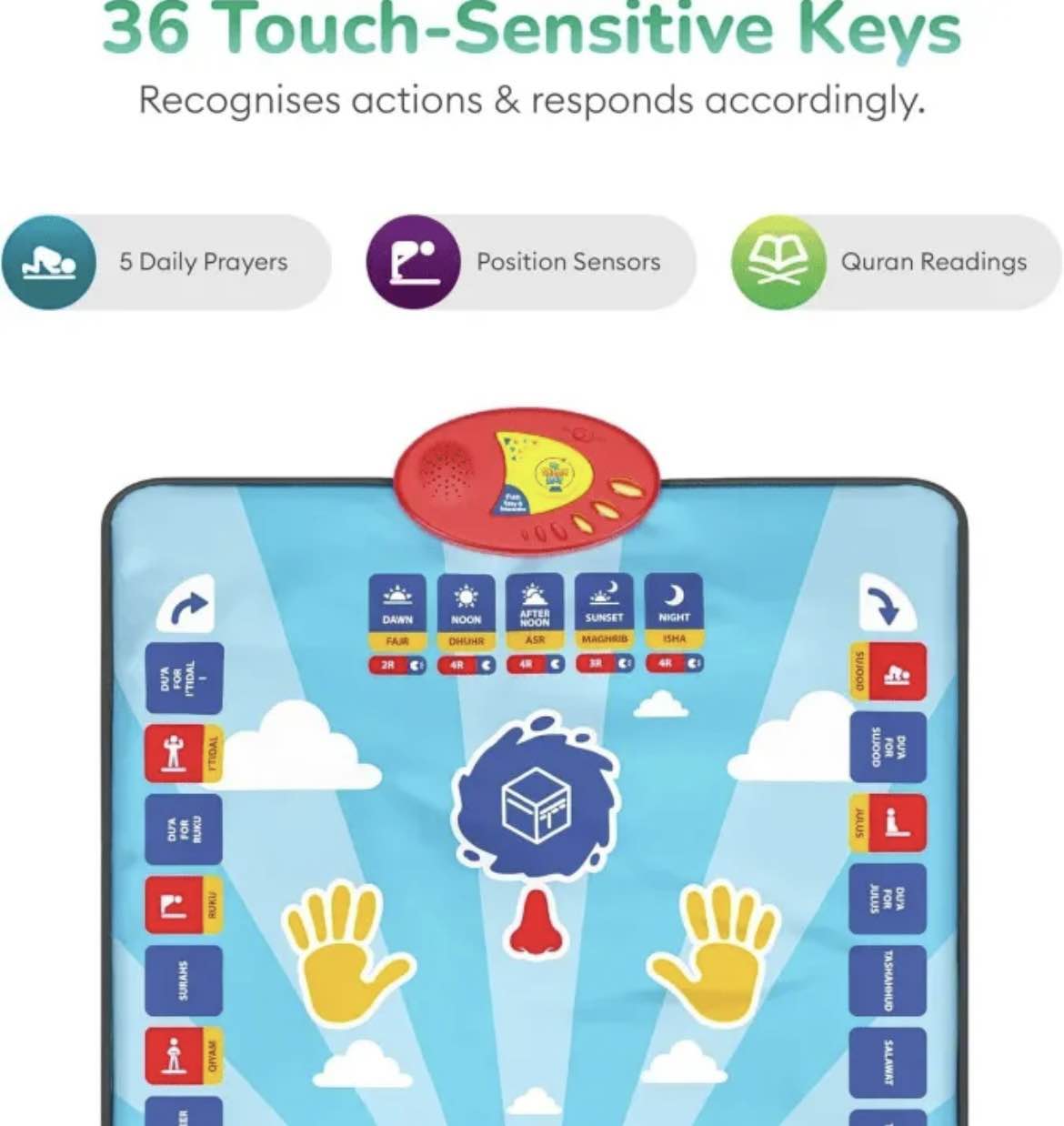 Interactive Educational Prayer Mat for Kids | 36 Touch Keys, 7 Languages, Wudu Salah Learning Mat with Activity Book | 3+ Years Boys Girls