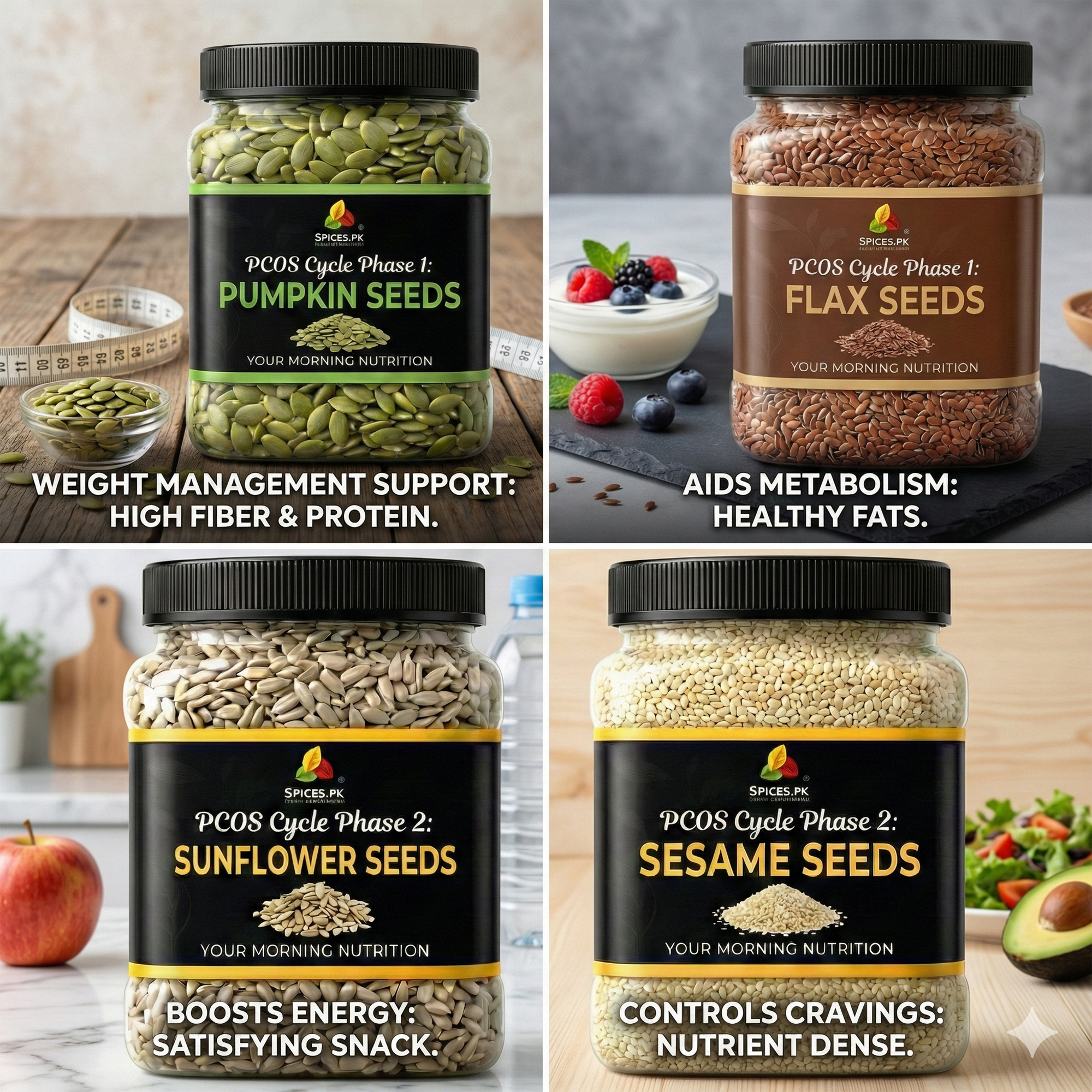 PCOS Seed Cycling Kit (400g Bundle) - Pumpkin, Sunflower, Flax & Sesame Seeds (100g Each) for Hormonal Balance & Irregular Periods