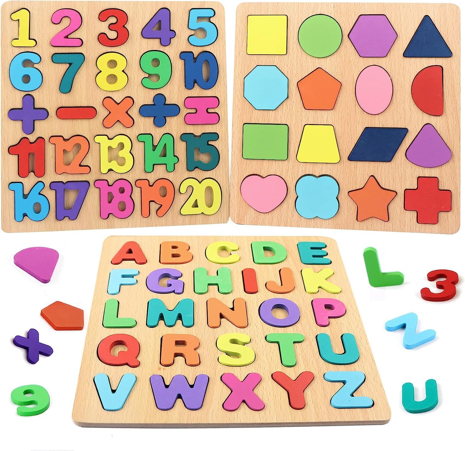 Wooden Puzzle for Toddlers  Alphabet Number Geometric Puzzle ABC Learning Toys Montessori Preschool Educational Gift Learning Letter Puzzles Board for Kids 3+