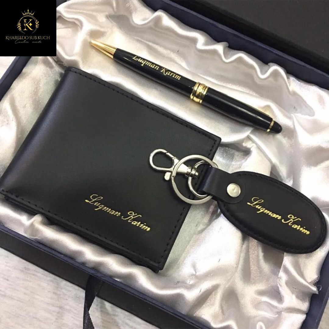 Khareedo SubKuch Personalized/Customized Name On Wallet Keychain And Pen With Gift Box Packing, Men's Leather Wallet Keychain (Perfect Gift For Birthday, Wedding, Anniversary Friends And Family)