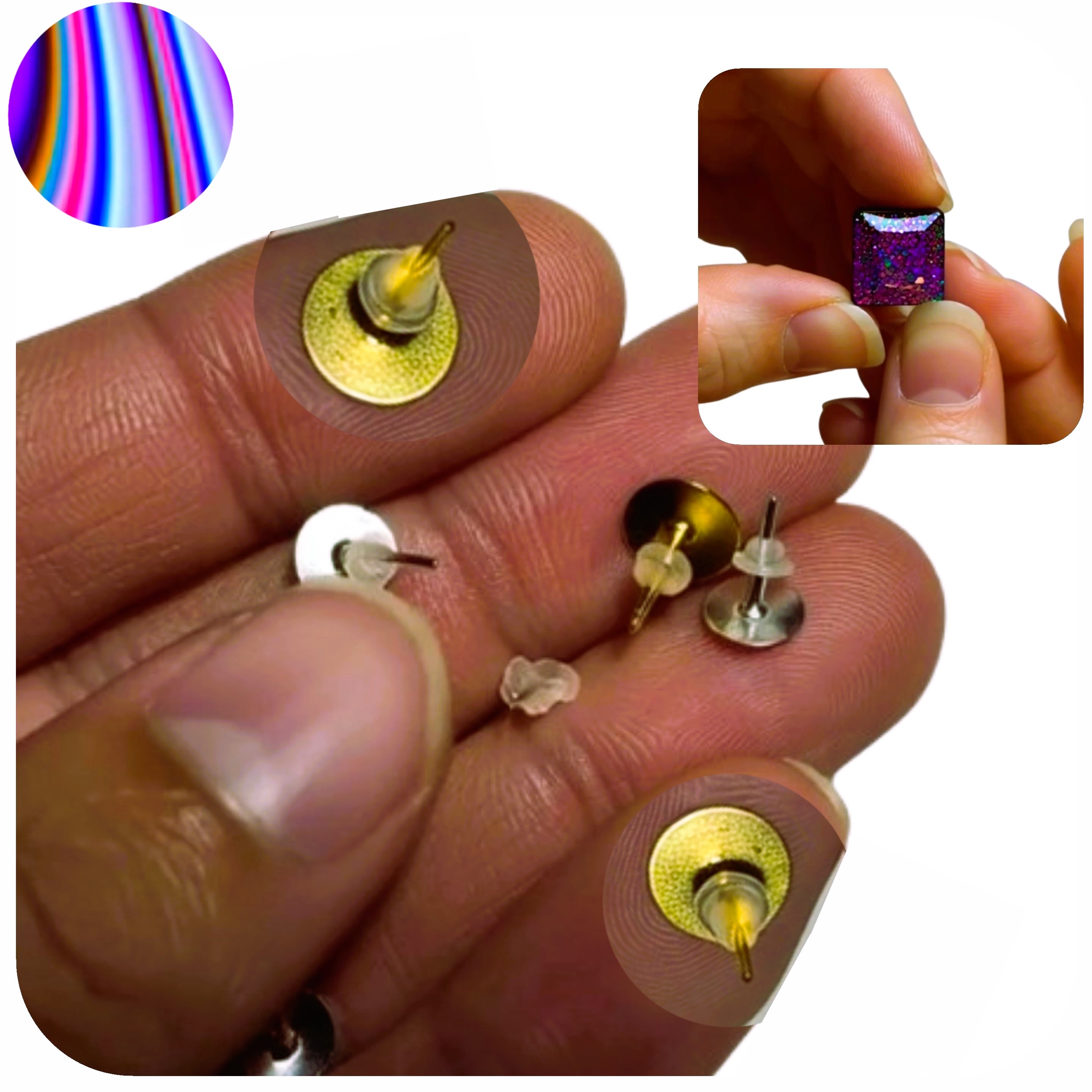 20/PCS HYPO ALLERGENIC STAINLESS STEEL EARRING POSTS BASE FLAT PAD BLANKS PIN STUDS AND CLEAR RUBBER EARRING BACKS/EARRING BACK STOPPER, SAFETY BACK JEWELRY MAKING FINDINGS.