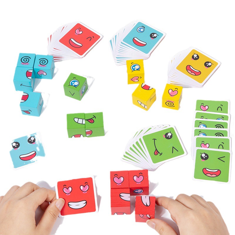 Wooden Expressions Matching Block Puzzles, Puzzle Building Cubes Blocks,Educational Puzzles Toy Board Games