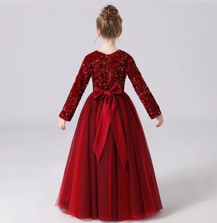 Red tulle long sleeve floor length flower girl dress with sequins