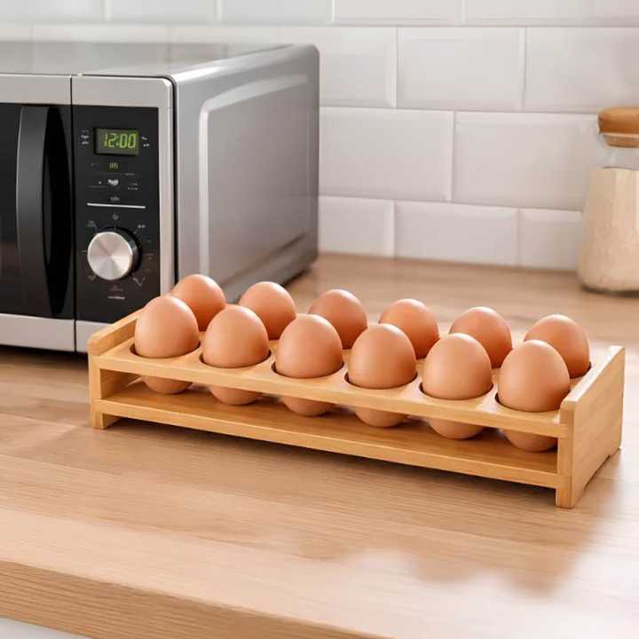 Bamboo Egg Rack | Wooden Egg Holder & Organizer | Kitchen Countertop Egg Storage Rack | Natural Bamboo Egg Tray