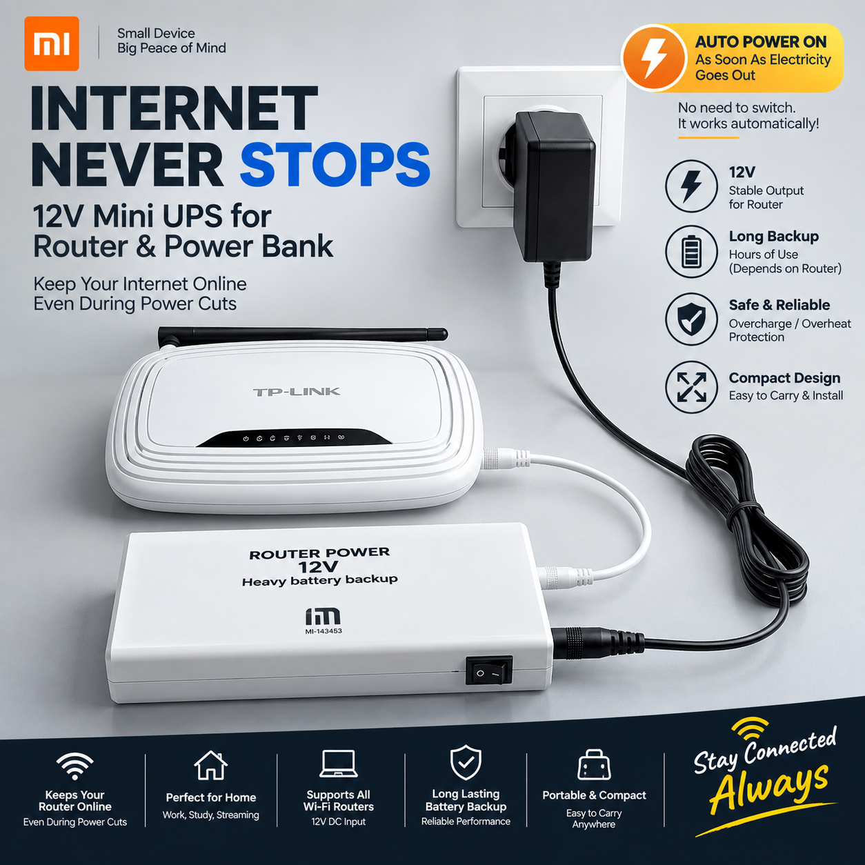 12V High-Power Router Power Bank 20000mAh | Heavy Battery Backup | Compatible with Wi-Fi Routers & ONTs - High Capacity Backup - 20,000 AMH | WiFi Router UPS Power Bank 12Volts 8 to 10 Hours Backup