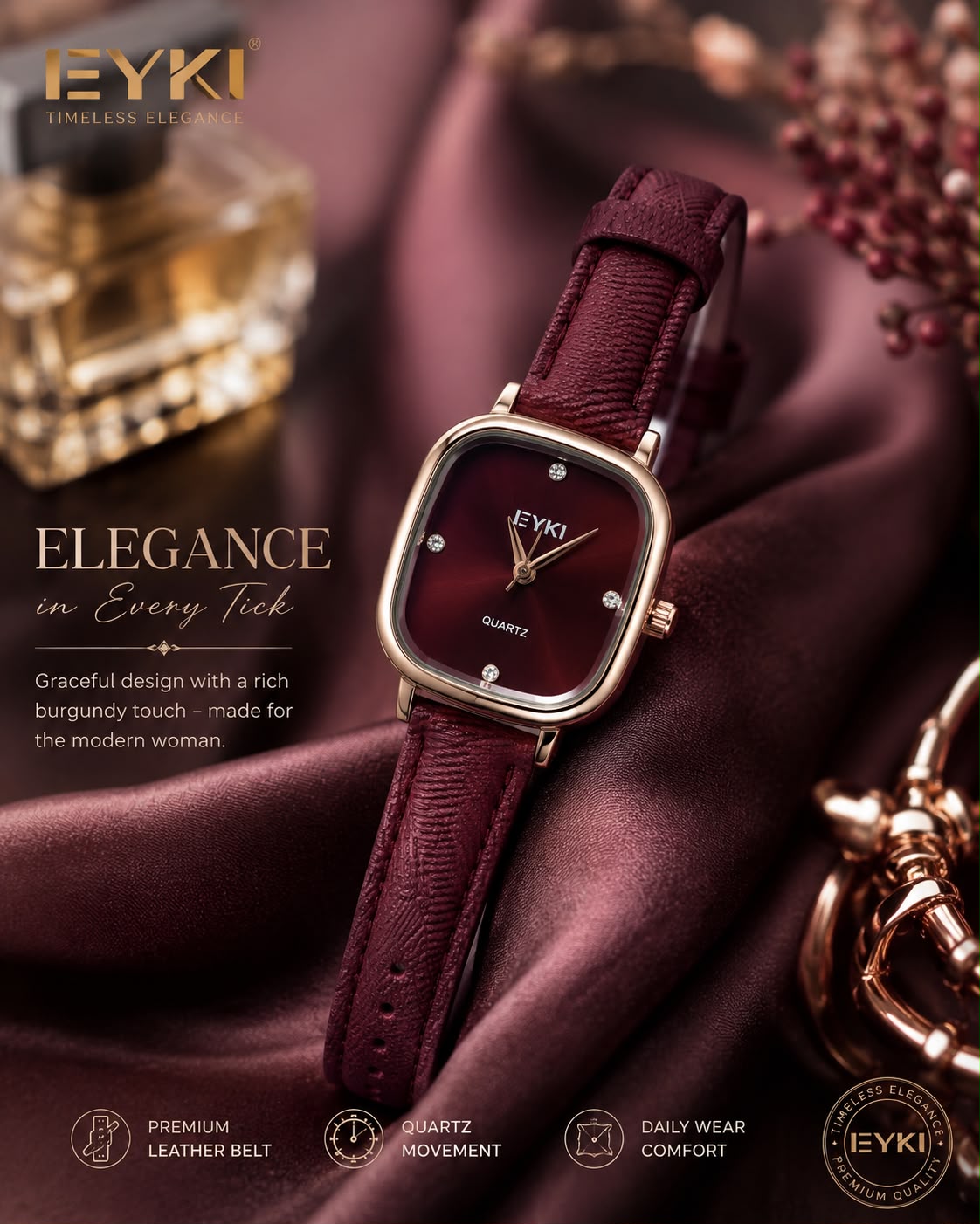 EYKI "Timeless Elegance" Luxury Quartz Watch for Women – Premium Burgundy Leather Strap