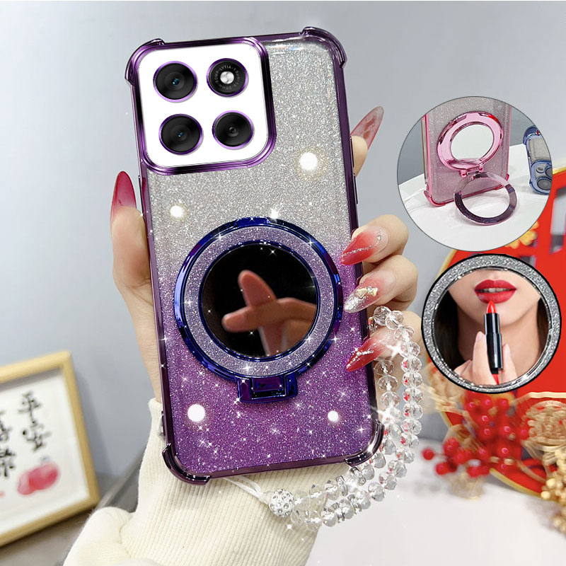 Glitter Four-Corner Shockproof Phone Case with Mirror Stand Beaded Strap For Moto G56 56 G86 86 Power Back Cover Case
