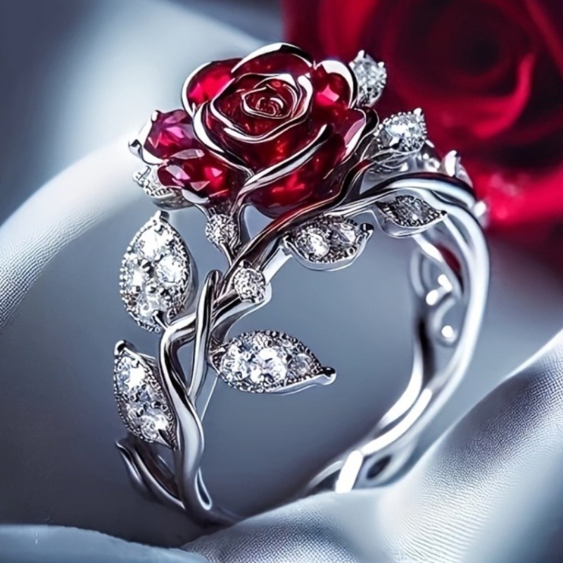 Vintage Red Rose Flower Ring for Women Elegant Jewelry  for Romantic Valentine's Day Jewelry Anniversary Engagement Wedding