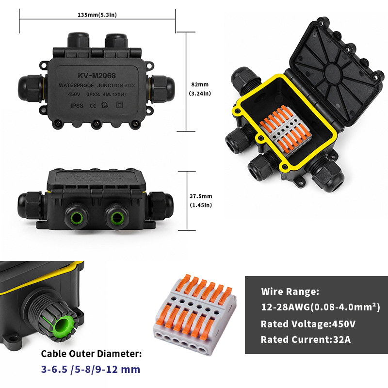 IP68 Waterproof Junction Box 2-8 Way 6 Pole Electrical Wire Connector 32A 450V 0.08-4.0mm² Cable Splice for Outdoor Lighting