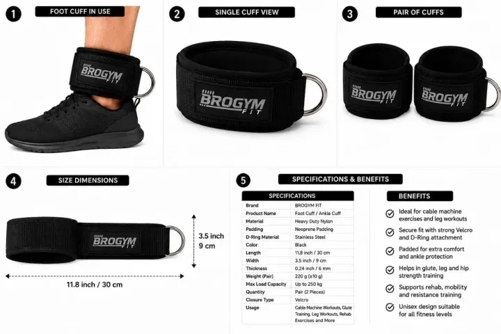 BROGYM FIT Premium Ankle Cuffs for Cable Machines – Adjustable Gym Workout Straps