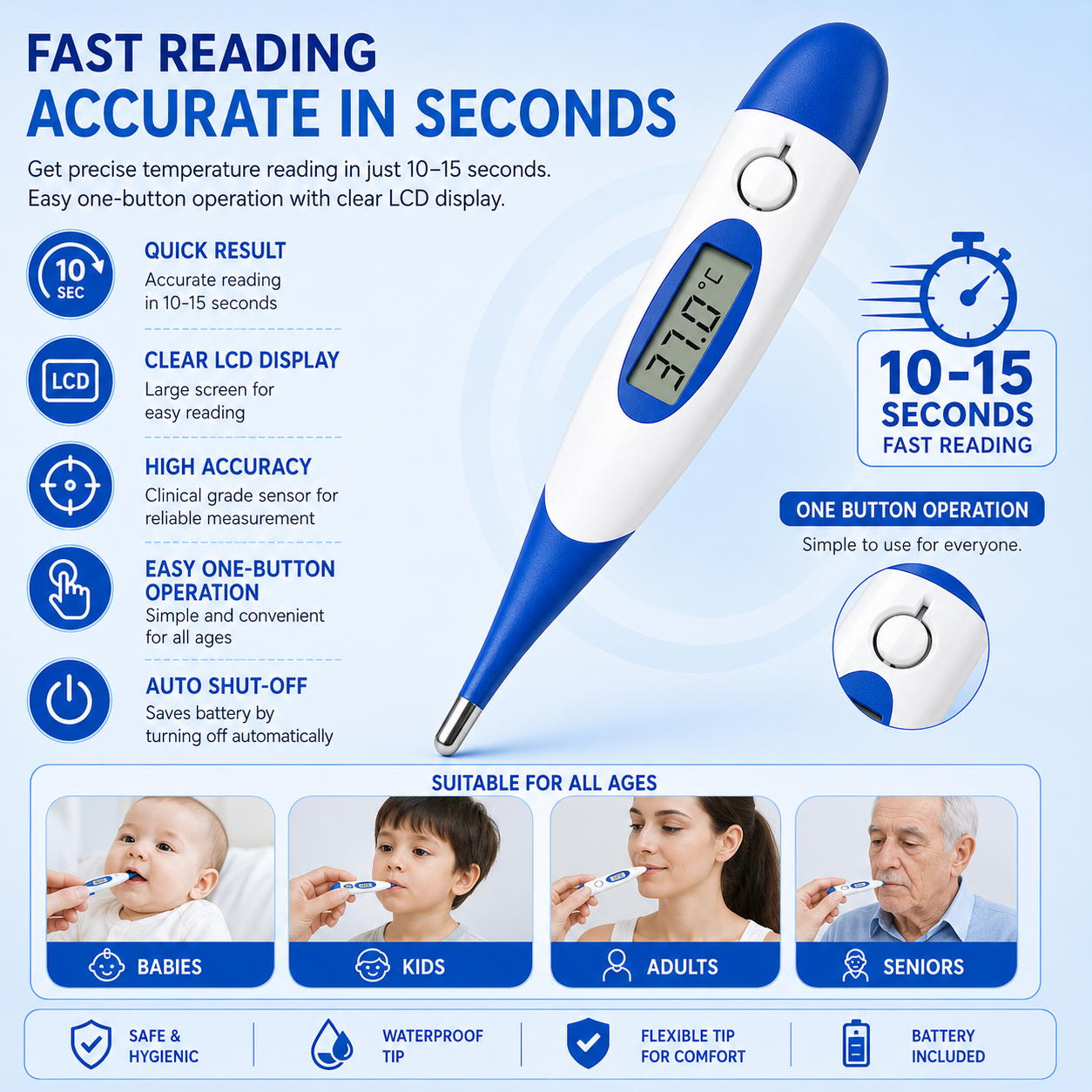 Digital Thermometer |  Fast Reading | Fever Alarm | LCD Display | Celsius & Fahrenheit | Combo Pack
