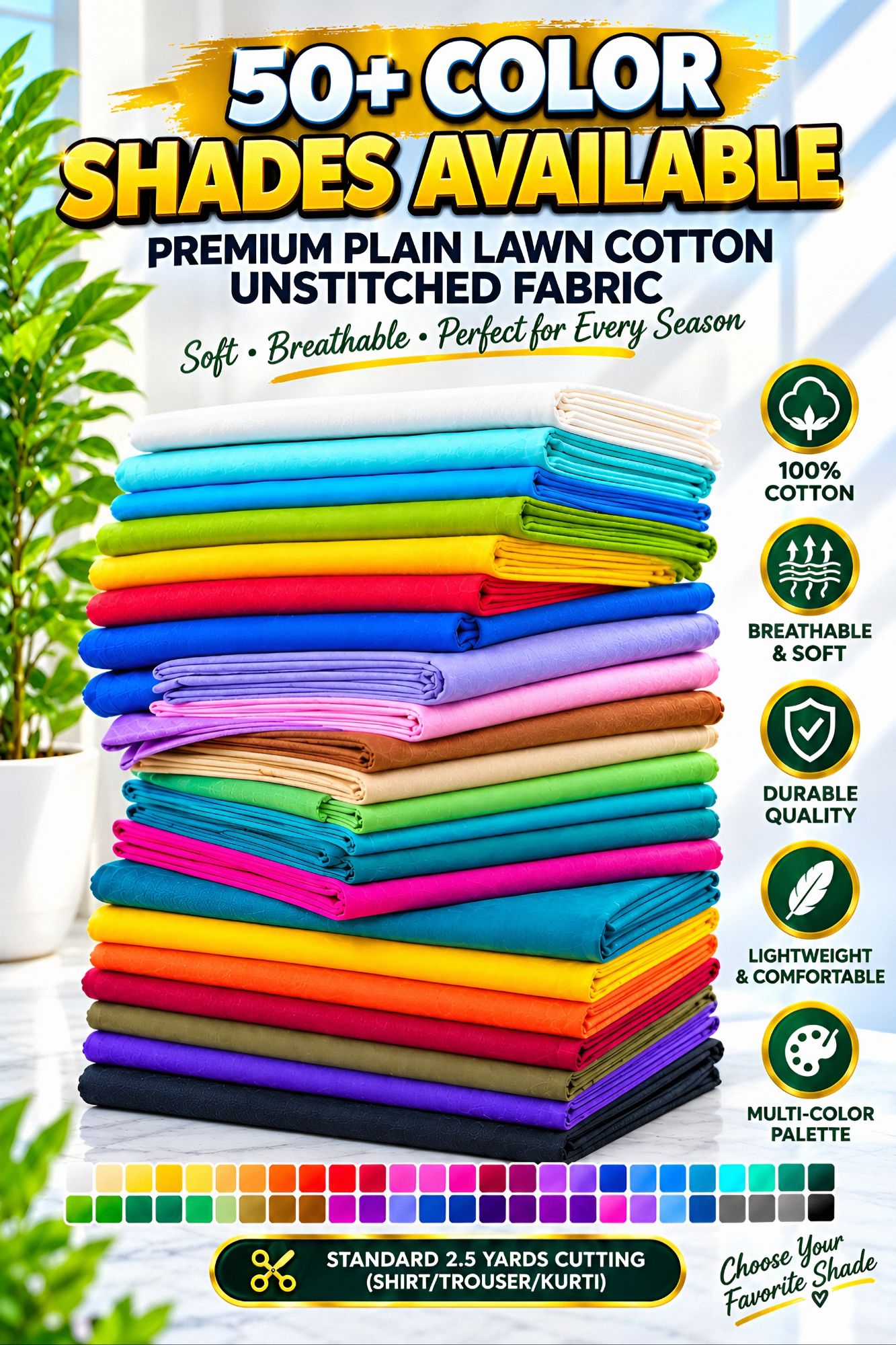 Plain Cotton Lawn Unstitched Fabric (2-Piece / Matching Trouser) – Premium Dyed Shirt & Trouser Material for Women & Girls