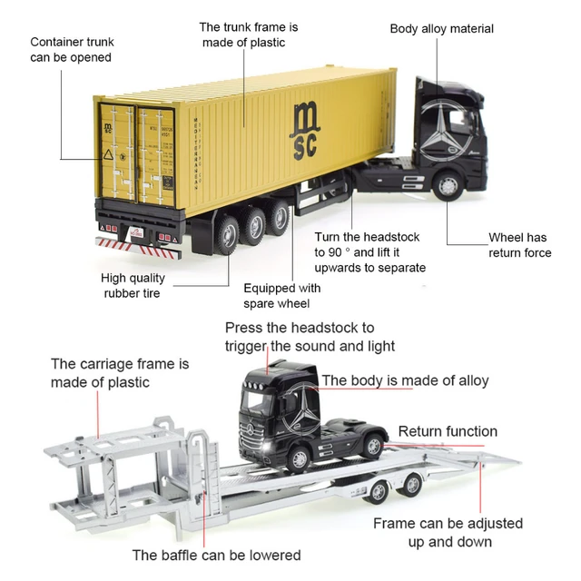 1:50 Diecast Alloy Truck Head Model Toy Container Truck Pull Back With Light Engineering Transport Vehicle