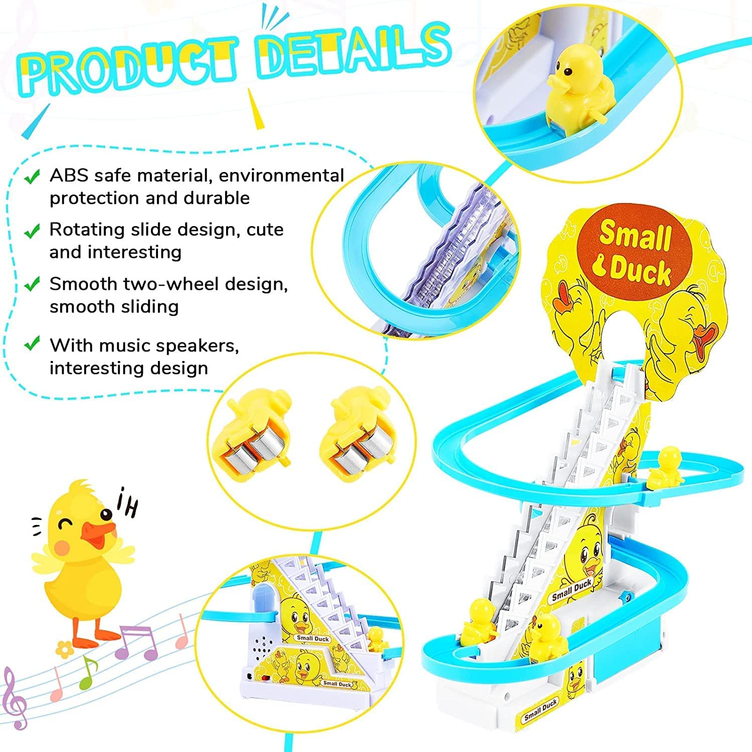 Small Duck Slide Toy,Electric Duck Climbing Stairs Tracks Slide Toy Set,Duck Roller Coaster Toy with Flashing Lights & Music On/Off Button