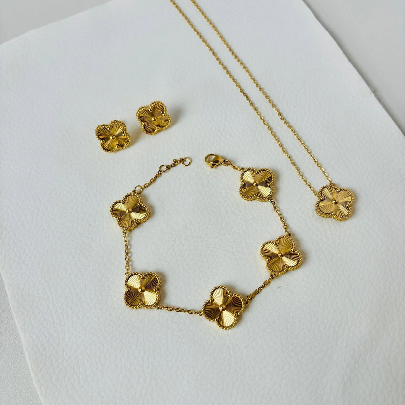 Golden Clover Set Earings, Necklace and Bracelet Four leaves  imported jewelry