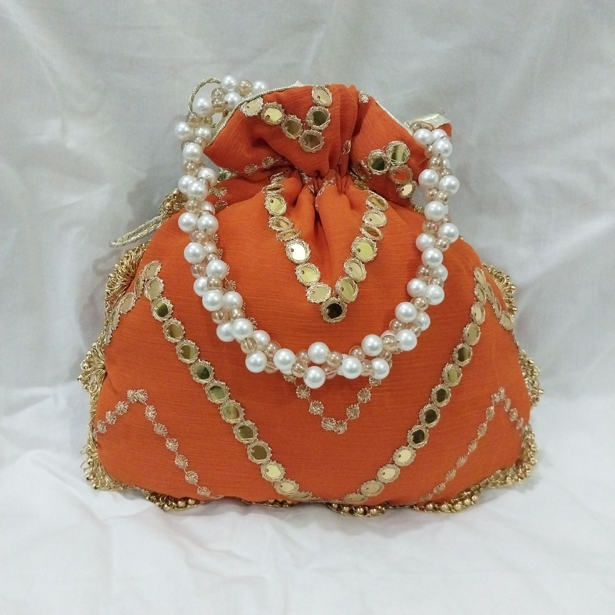 Embroidered Potli Clutch Bag with Pearl Handle for Party Wear