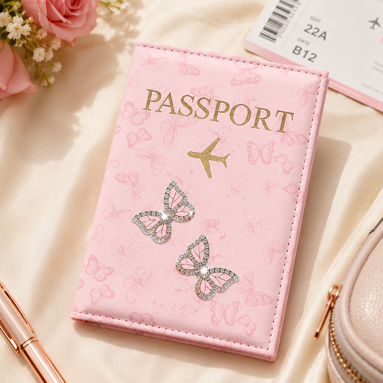 Pink Butterfly PU Leather Passport Holder, Rhinestone Travel Wallet Cover with Card Slots for Women, Airport Vacation 