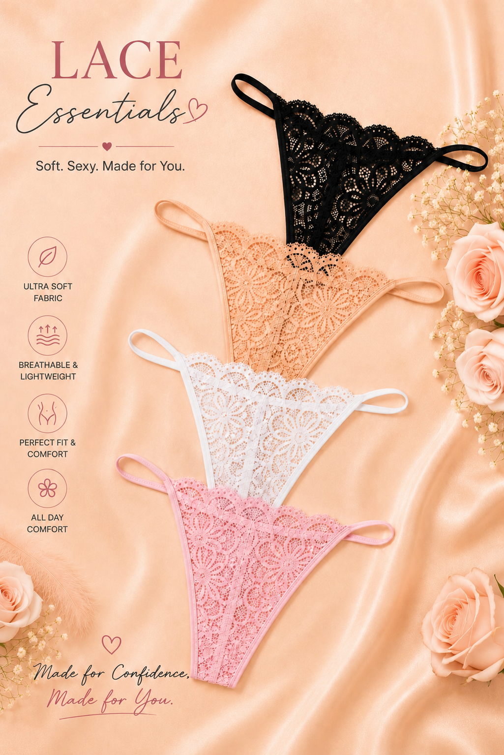 Premium Soft Breathable Floral Lace Underwear, Low Waist