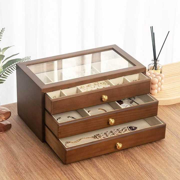 Wooden 3 Drawer Jewelry Organizer | Jewellery Storage Box | Ring, Earring, Necklace & Bracelet Holder | Vanity Table Organizer
