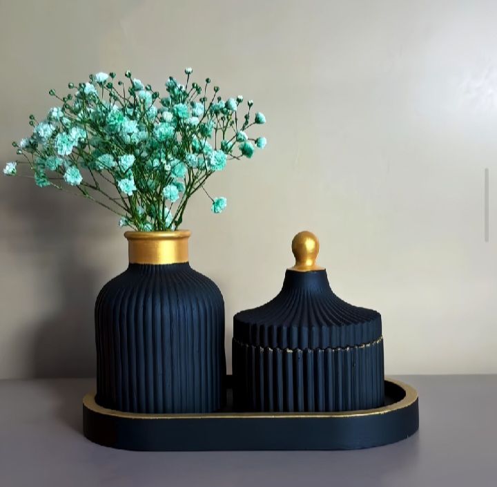 3 Pcs Set of Home Decor  1x Ribbed Concrete Mini Flower Vase, 1x Ribbed Concrete Trinket Jewellery Storage Box & 1x Oval Shaped Concrete Trinket Tray  Storage & Organisation  Decorative Accents  Jewellery Armoires & Boxes  Gift Sets