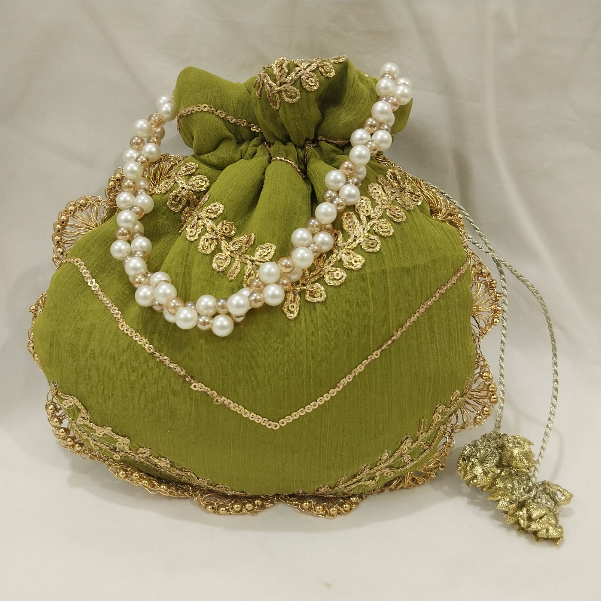 Embroidered Potli Clutch Bag with Pearl Handle for Party Wear