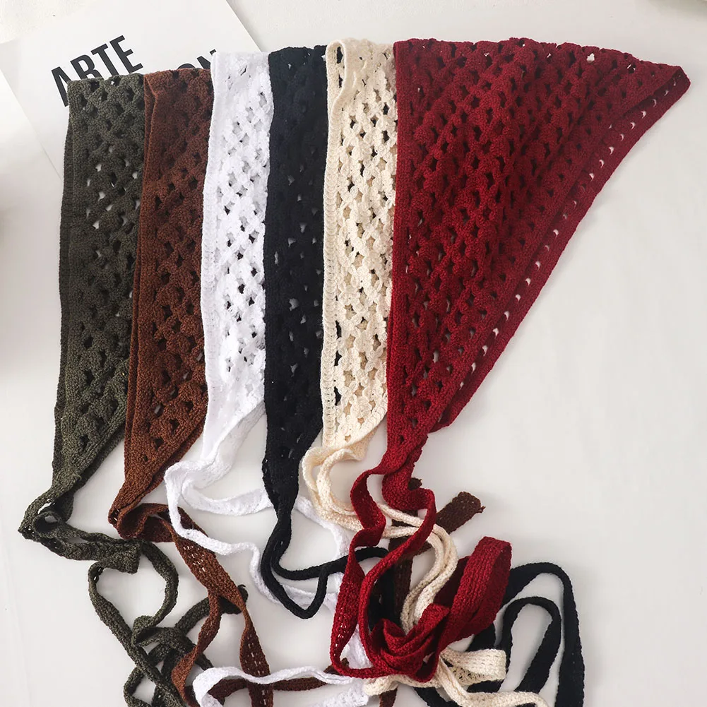 New Korean Hollow Out Knitted Triangular Bandanas for Women Head Wrap Kerchief Handmade Crochet Headscarf Triangle Scarf bandana for girls