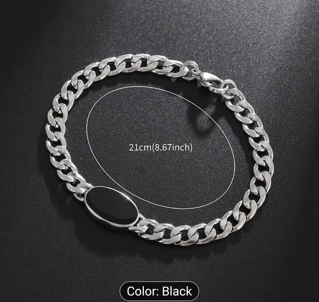 1pc Classic Fashion Unisex Chain Bracelet with Black Oval Pendant, Stainless Steel, Stylish Light Luxury Bracelet, Suitable for Men and Women for Parties and Daily Commute Wear Accessory