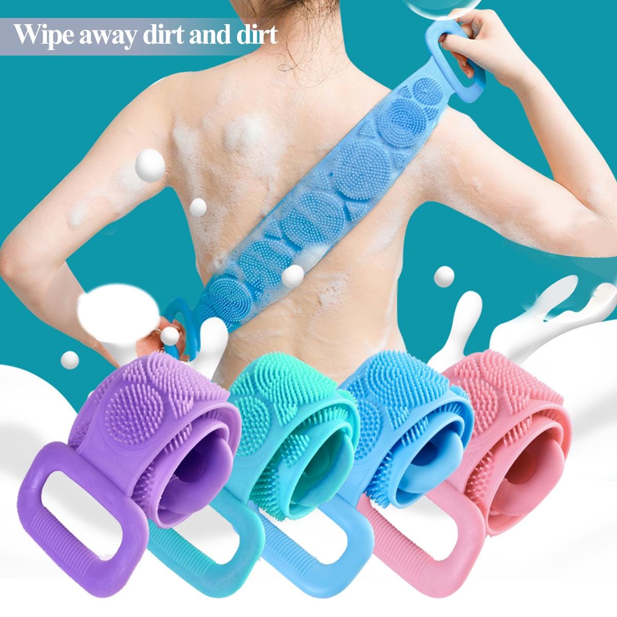 Bath Shower Silicone Body Brush Belt, Double-Sided Back Scrubber & Body Exfoliating Strap, Silicone Bath Scrubber, Soft Body Cleaning Brush, Long Silicone Back Scrubber Belt with Handles, Body Washing