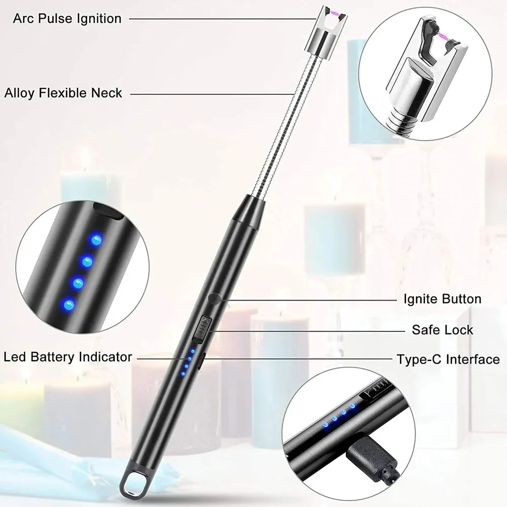 Electric Arc USB Rechargeable Flameless Arc Lighter Flexible and Windproof for Candles, Hiking, Camping, Kitchen, Fireplaces 360 degree free rotation
