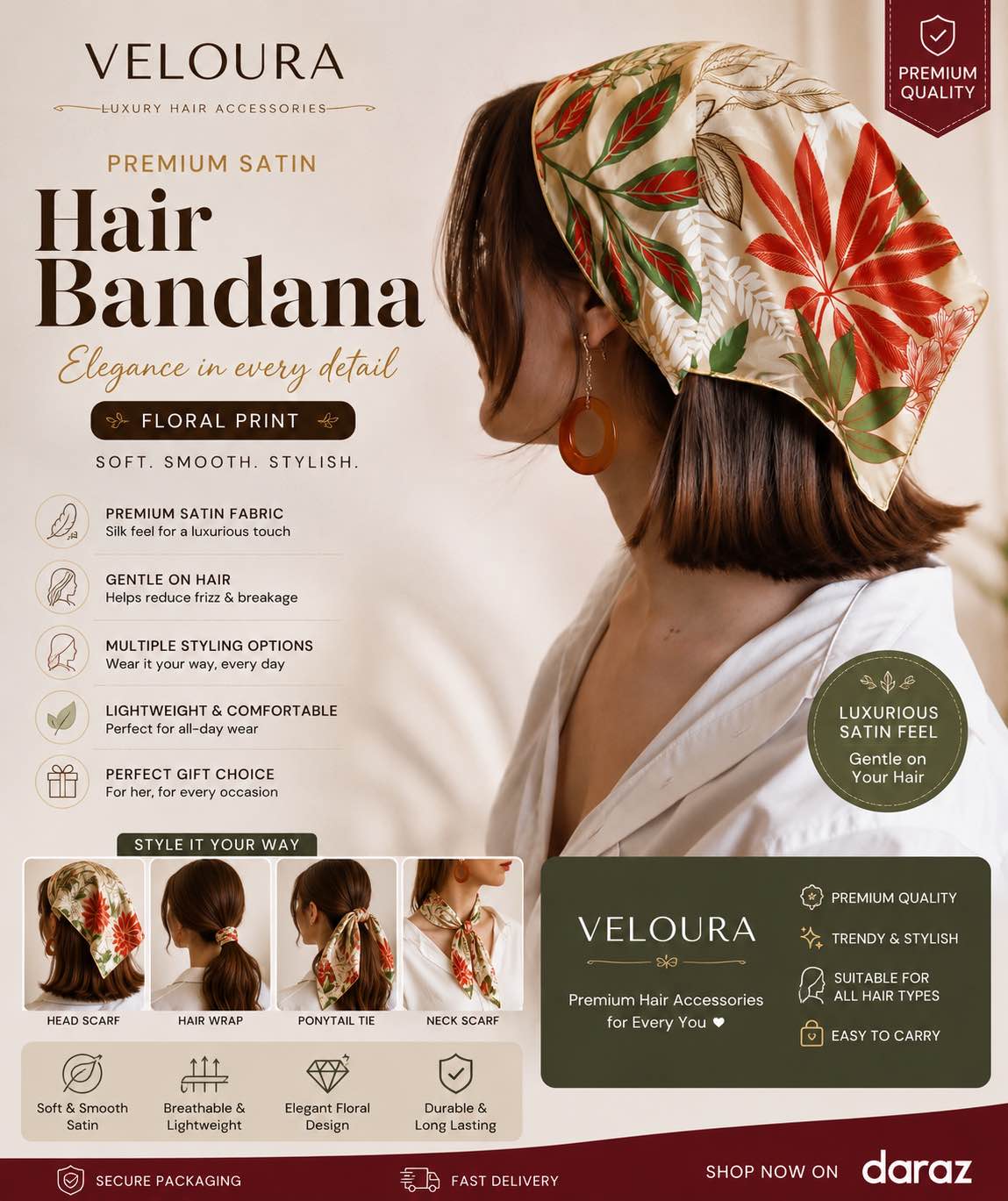 Luxury Satin Bandana for Women | Floral Print Hair Scarf | Soft Silk Feel Head Wrap | VELOURA