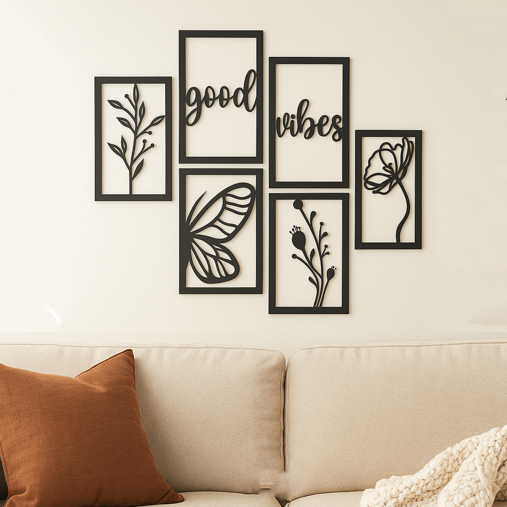 Good Vibes Butterfly & Floral Wall Art Set – 6 Framed Motivational Quote Prints for Living Room, Bedroom & Home Décor