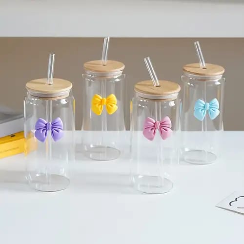 Bow Knot Glass Cup with Straw