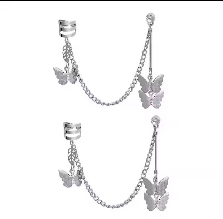 Pair of (2 Pcs) Silver plated Long Chain Butterfly Design Ear Cuffs Earrings for Women and Girls