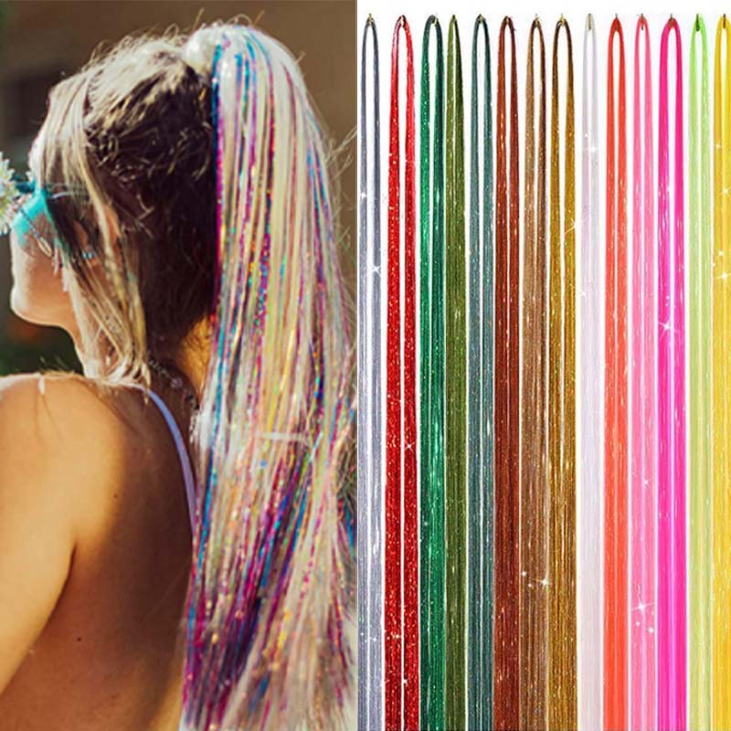 93cm Shiny Laser Sparkle Metallic Hair Tinsel Rainbow Strands for Braiding Headdress False Hair Extensions Decor Glitter Strips